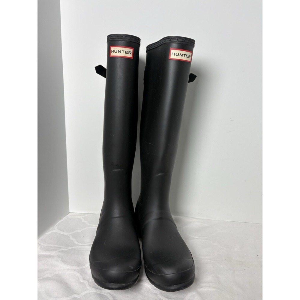 Hunter Tall Rain Boots Women US size 8 Black Rubber Adjustable Buckle 17" Tall